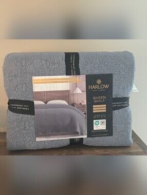 Harlow Fine Linens Blue Queen Quilt 90”x90 Stonewashed Oeko Tex Standard 100